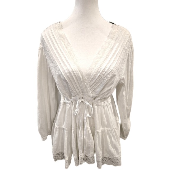 Lucky Brand Ivory Lace Trim Babydoll Blouse - Boho Cottagecore Top - Size Large - Picture 2 of 12